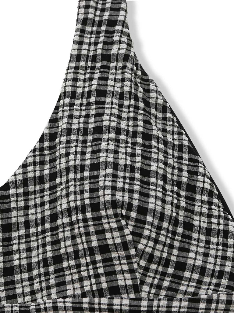 Black 1960s Plaid Deep V Halter Tankini Set - vintage fashion, retro style, classic black