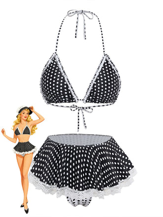 Black 1960s Polka Dot Lace Halter Bikini Set - vintage swimwear, retro swimsuit, pin-up style for vintage lovers