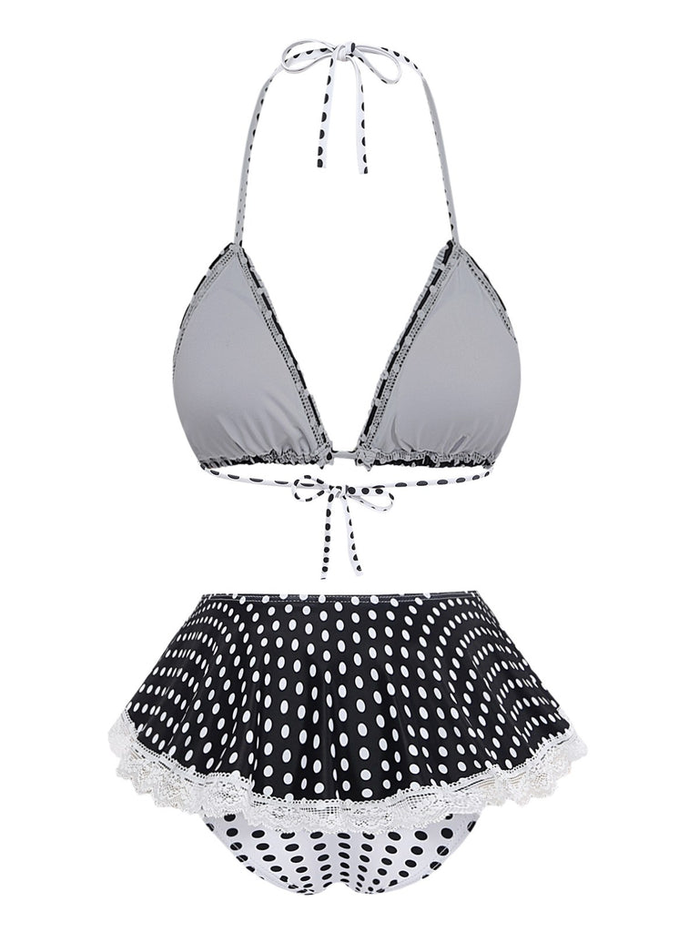 Black 1960s Polka Dot Lace Halter Bikini Set | vintage swimwear, retro swimsuit, pin-up style - perfect for retro fashion enthusiasts