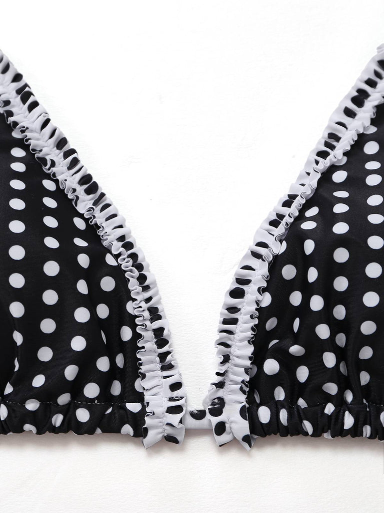 Black 1960s Polka Dot Lace Halter Bikini Set: beautiful vintage swimwear, retro swimsuit, pin-up style with timeless appeal
