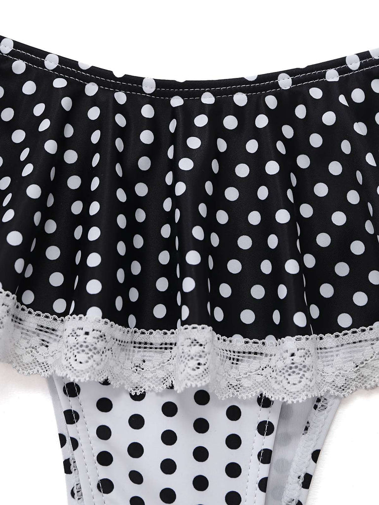 Black 1960s Polka Dot Lace Halter Bikini Set - vintage swimwear, retro swimsuit, pin-up style for vintage lovers