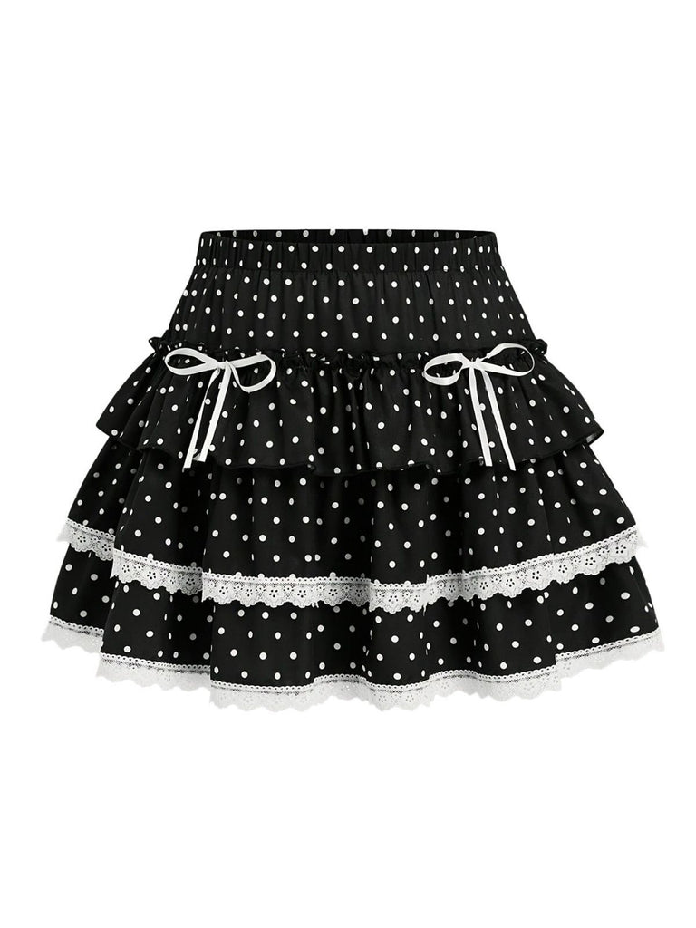 Black 1960s Polka Dot Lace Ruffle Mini Skirt - vintage skirt, retro style, classic black