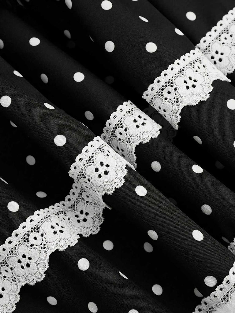 Black 1960s Polka Dot Lace Ruffle Mini Skirt - vintage skirt, retro style, classic black