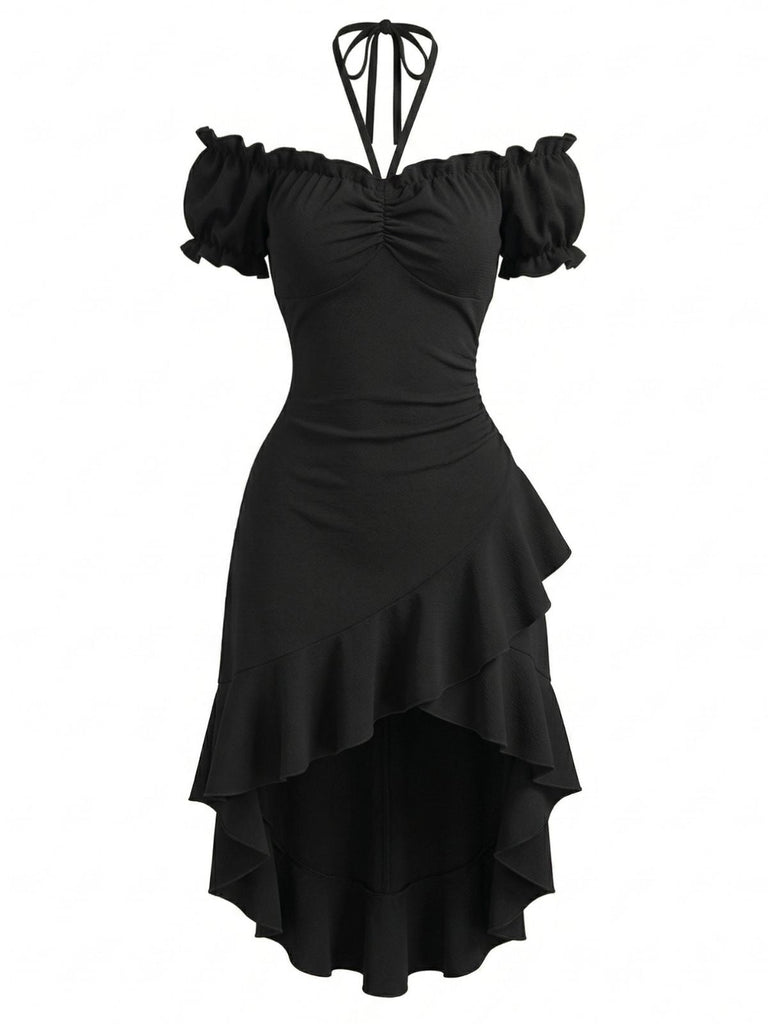 Black 1960s Ruffle Off Shoulder Midi Dress, vintage dress, retro fashion - perfect for women who love vintage and retro fashion