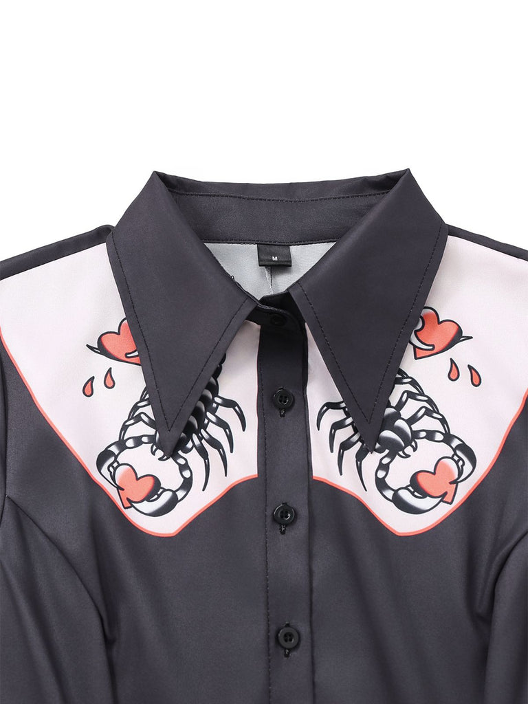 Black 1960s Scorpion Hearts Print Shirt Dress - vintage dress, retro fashion, classic black