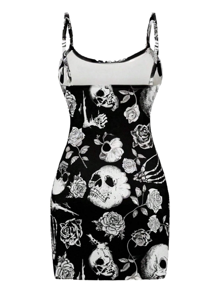 Black 1960s Skull Rose Halloween Bodycon Dress - vintage dress, retro fashion, classic black