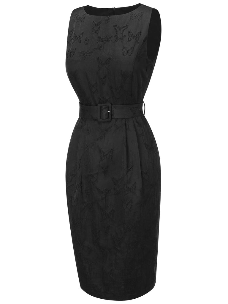 Black 1960s Sleeveless Butterflies Belted Solid Dress: timeless style reimagined
