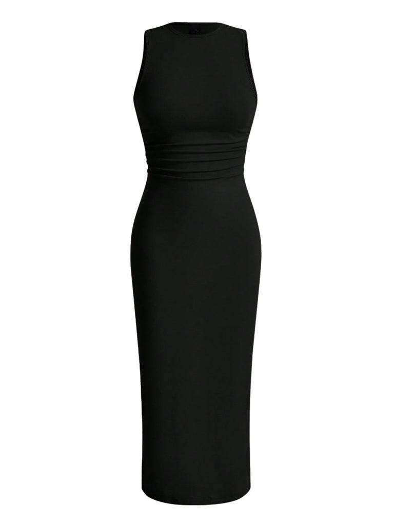 Black 1960s Sleeveless Solid Bodycon Dress - vintage dress, retro fashion, classic black