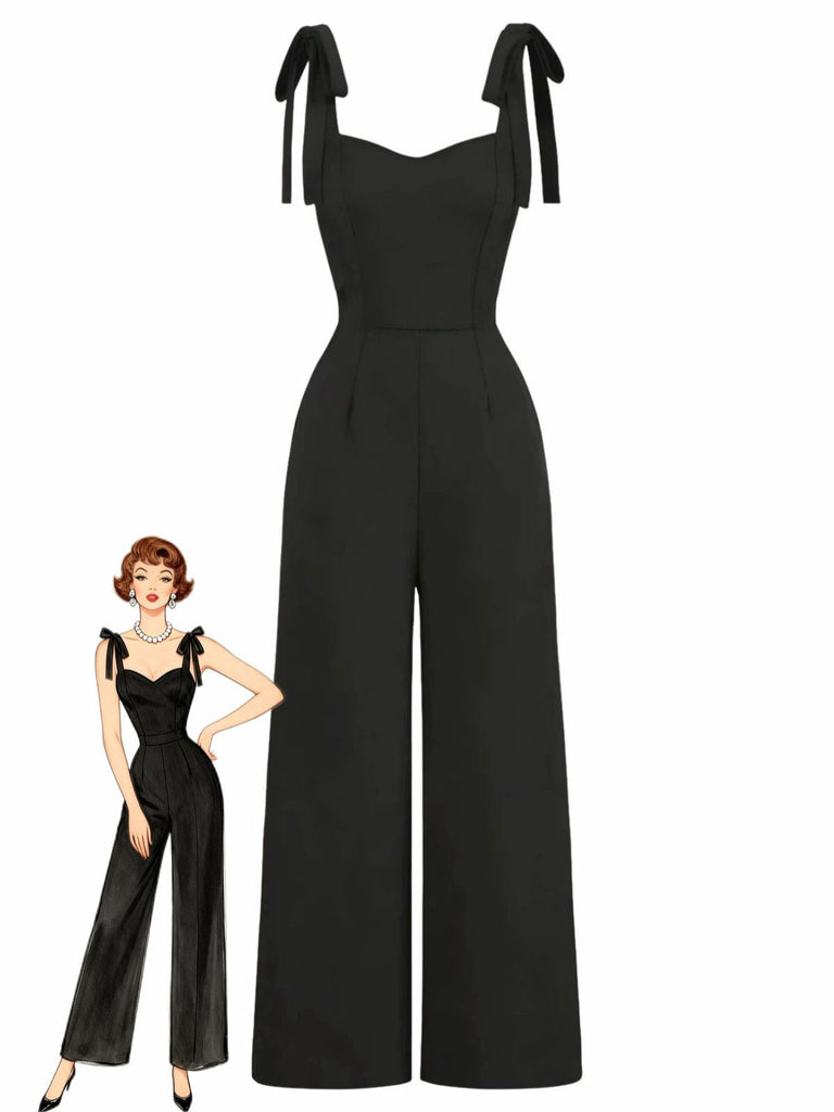 Black 1960s Sleeveless Spaghetti Strap Square Neck Vacation Jumpsuit