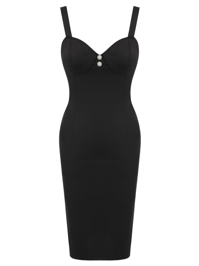 Black 1960s Solid Pearl Buttons Suspender Dress, vintage dress, retro fashion - perfect for women who love vintage and retro fashion