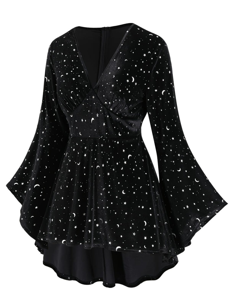 Black 1960s Star V-Neck Velvet Dress - vintage dress, retro fashion, classic black