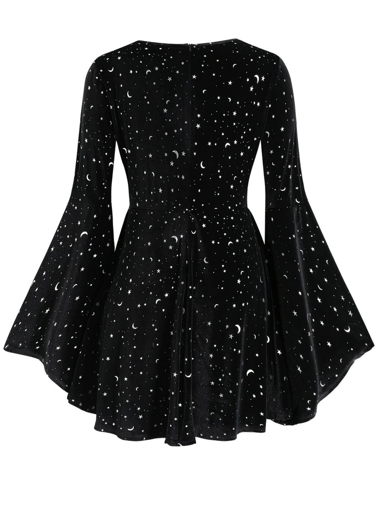 Black 1960s Star V-Neck Velvet Dress - vintage dress, retro fashion, classic black