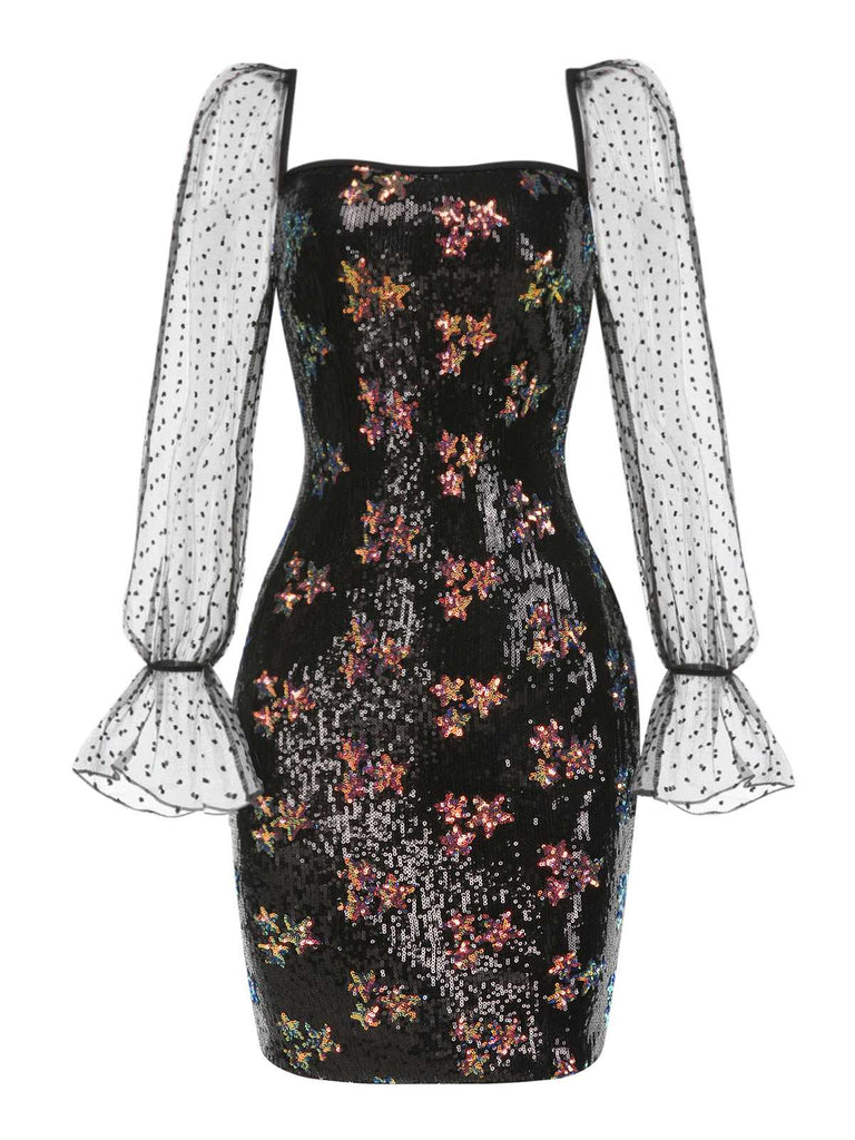 Black 1960s Stars Sequined Mesh Patchwork Dress, vintage dress, retro fashion - perfect for women who love vintage and retro fashion