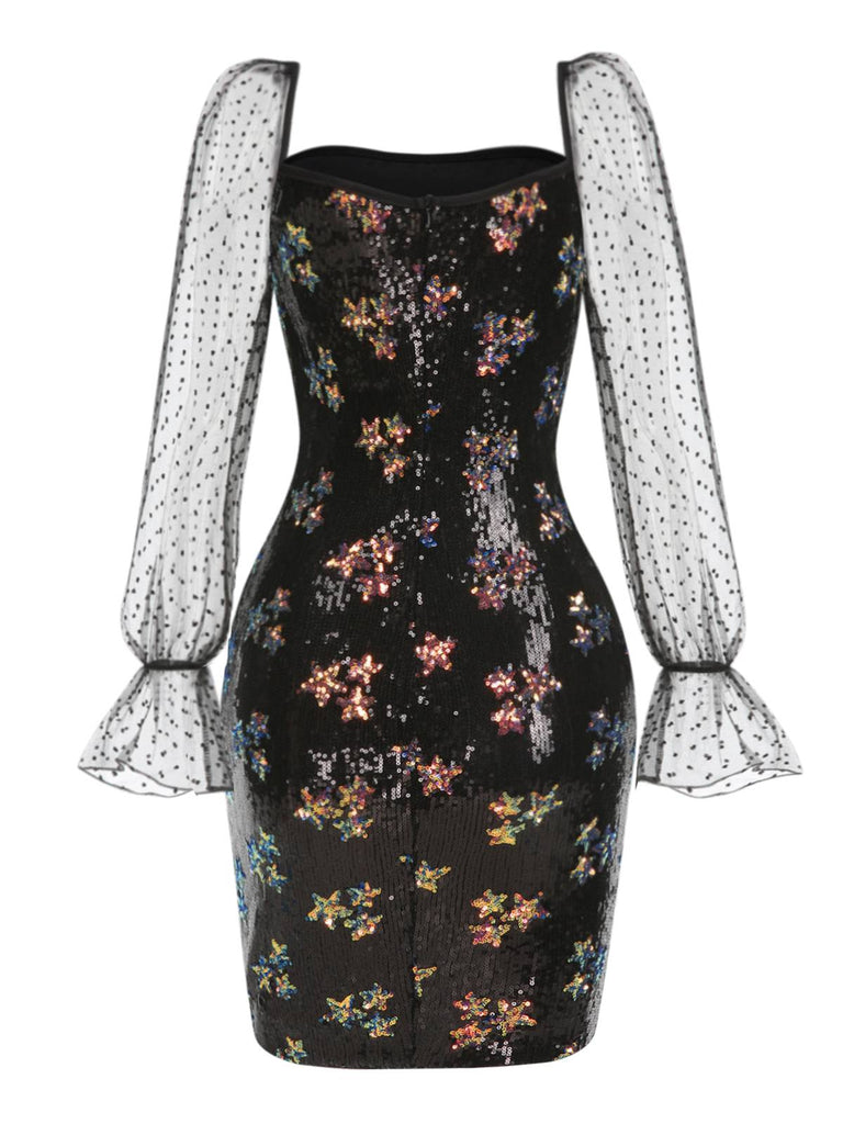 Black 1960s Stars Sequined Mesh Patchwork Dress, vintage dress, retro fashion - perfect for women who love vintage and retro fashion