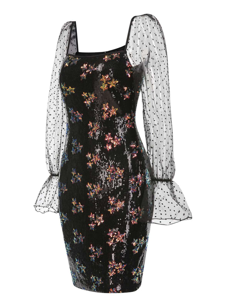Black 1960s Stars Sequined Mesh Patchwork Dress, vintage dress, retro fashion - perfect for women who love vintage and retro fashion