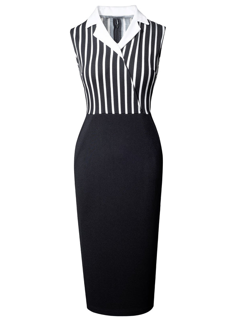 Black 1960s Striped Patchwork Lapel Pencil Dress, vintage dress, retro fashion - perfect for women who love vintage and retro fashion