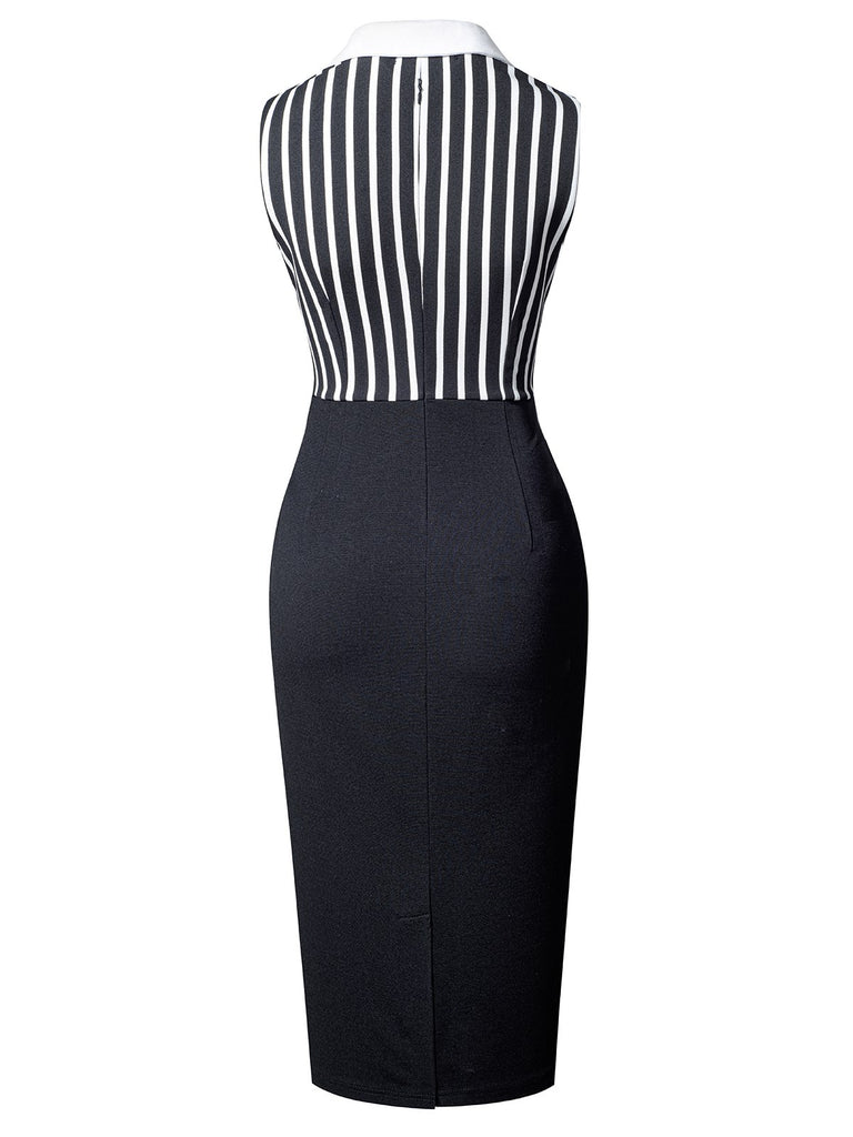 Black 1960s Striped Patchwork Lapel Pencil Dress, vintage dress, retro fashion - perfect for women who love vintage and retro fashion