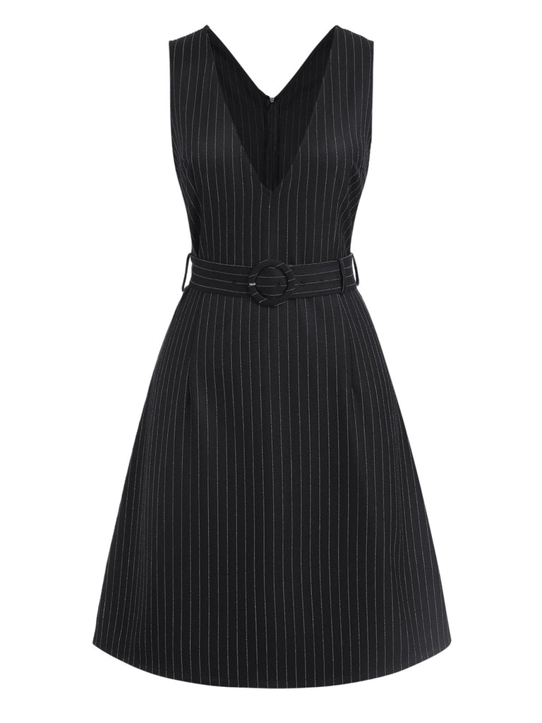 Black 1960s Striped V-Neck Belted Dress: where 1960s romance meets her modern spirit