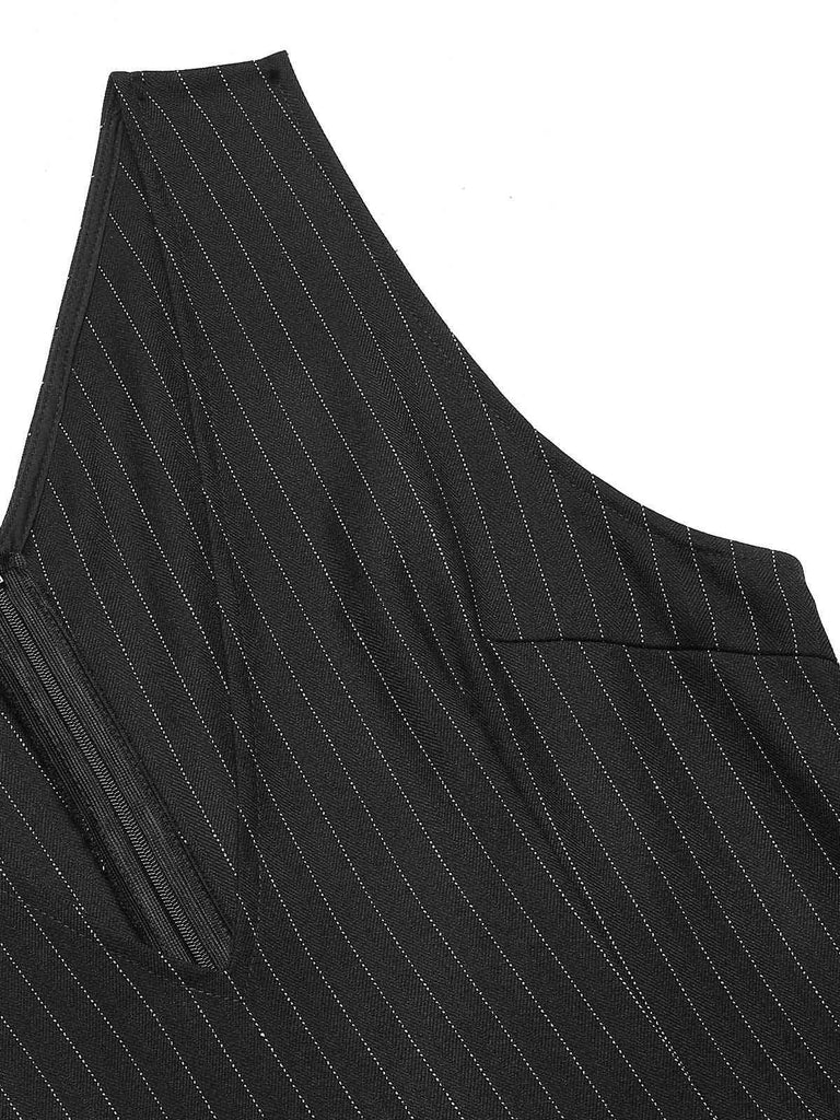 Black 1960s Striped V-Neck Belted Dress — a 1960s silhouette that turns sidewalks into runways