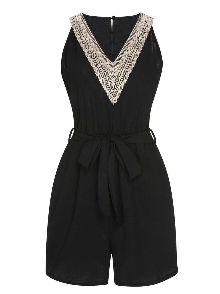 She adds this Black 1960s V-Neck Belted Romper and suddenly it's 1960s perfection