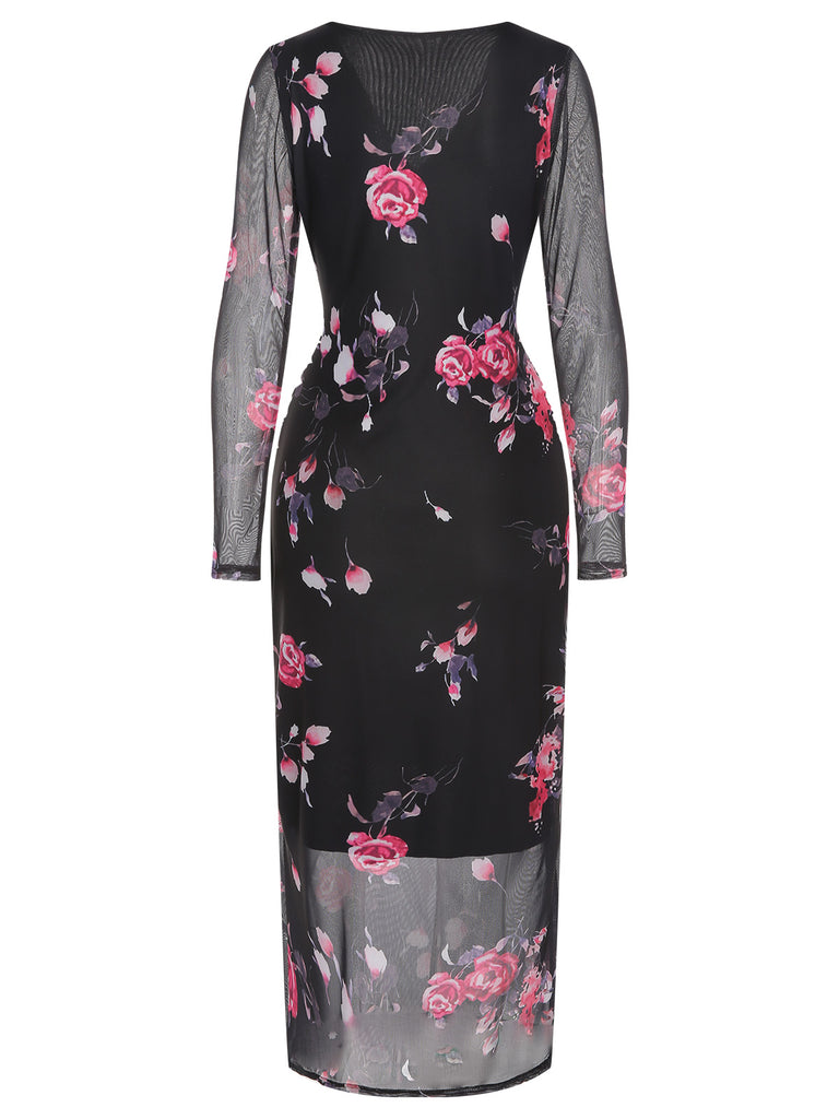 This Black 1960s V-Neck Floral Mesh Dress wraps her in 1960s elegance, one twirl at a time