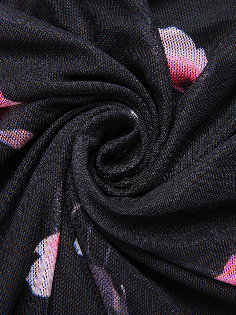 Black 1960s V-Neck Floral Mesh Dress — the kind of 1960s dress that makes strangers smile