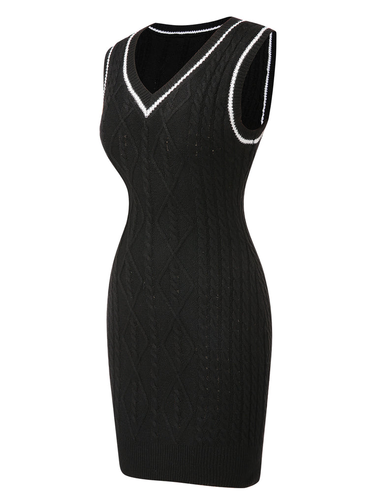 Black 1960s V-Neck Knitted Sleeveless Dress, vintage dress, retro fashion - perfect for women who love vintage and retro fashion