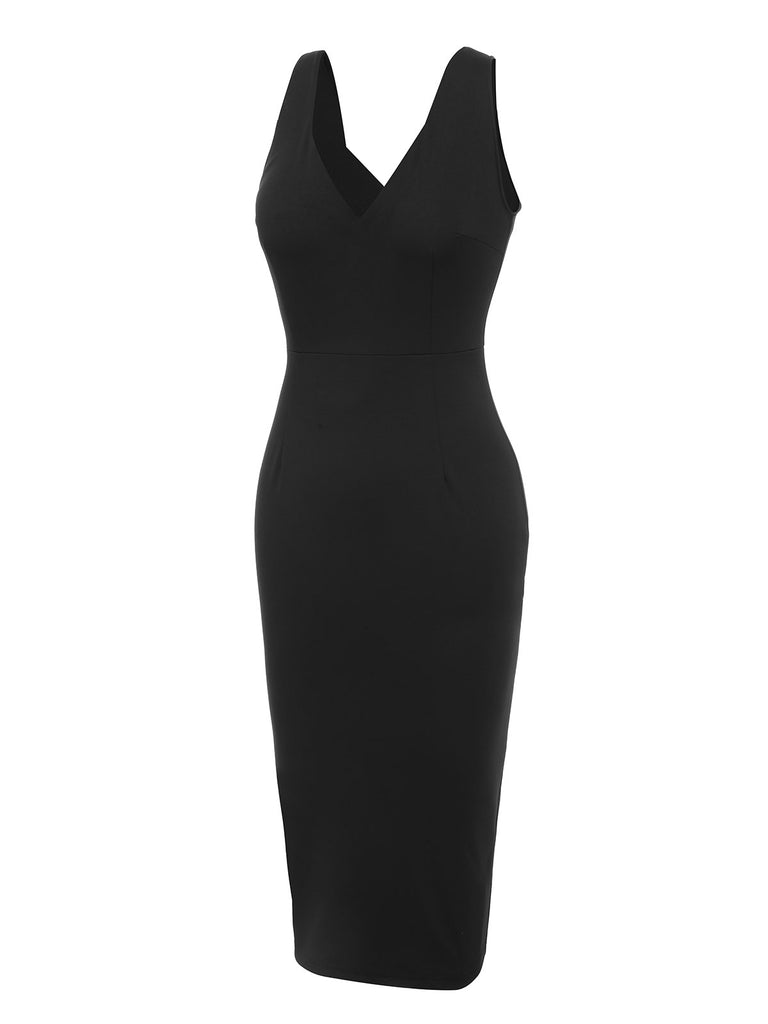 Black 1960s V-Neck Solid Bodycon Dress, vintage dress, retro fashion - perfect for women who love vintage and retro fashion