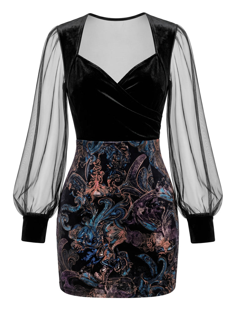 Black 1960s Floral V Neck Mesh Dress 4