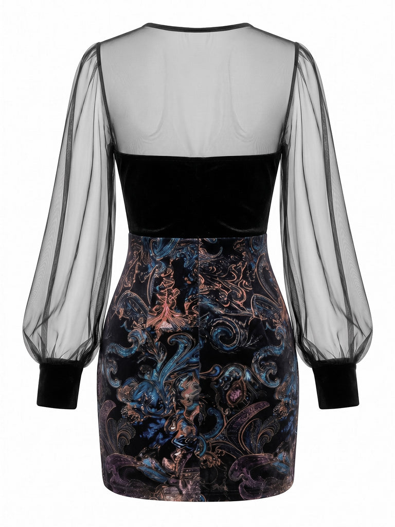 Black 1960s Floral V Neck Mesh Dress 5