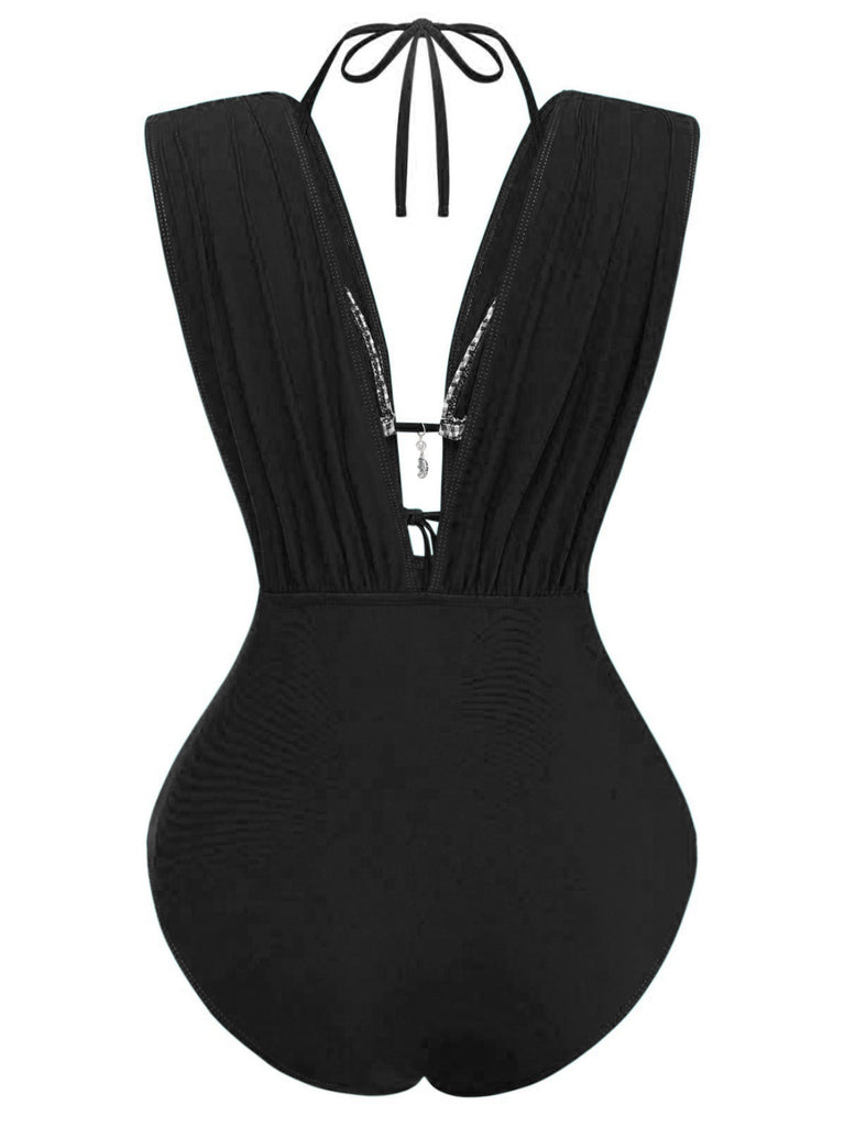 Black-1960s-plaid-halter-bikini-top-plunging-ruched-swimsuit-back-view