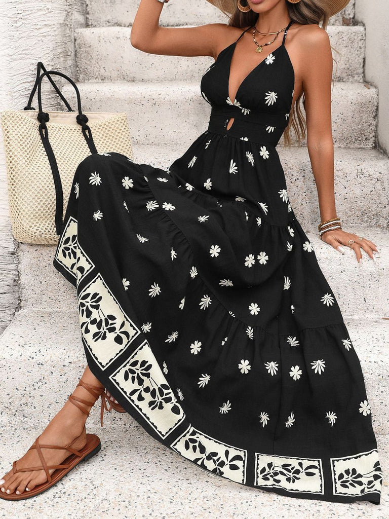 Black 1970s Bohemian Halter Backless Maxi Dress - vintage dress, retro fashion for vintage lovers