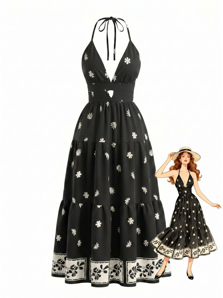 Black 1970s Bohemian Halter Backless Maxi Dress, vintage dress, retro fashion - perfect for women who love vintage and retro fashion