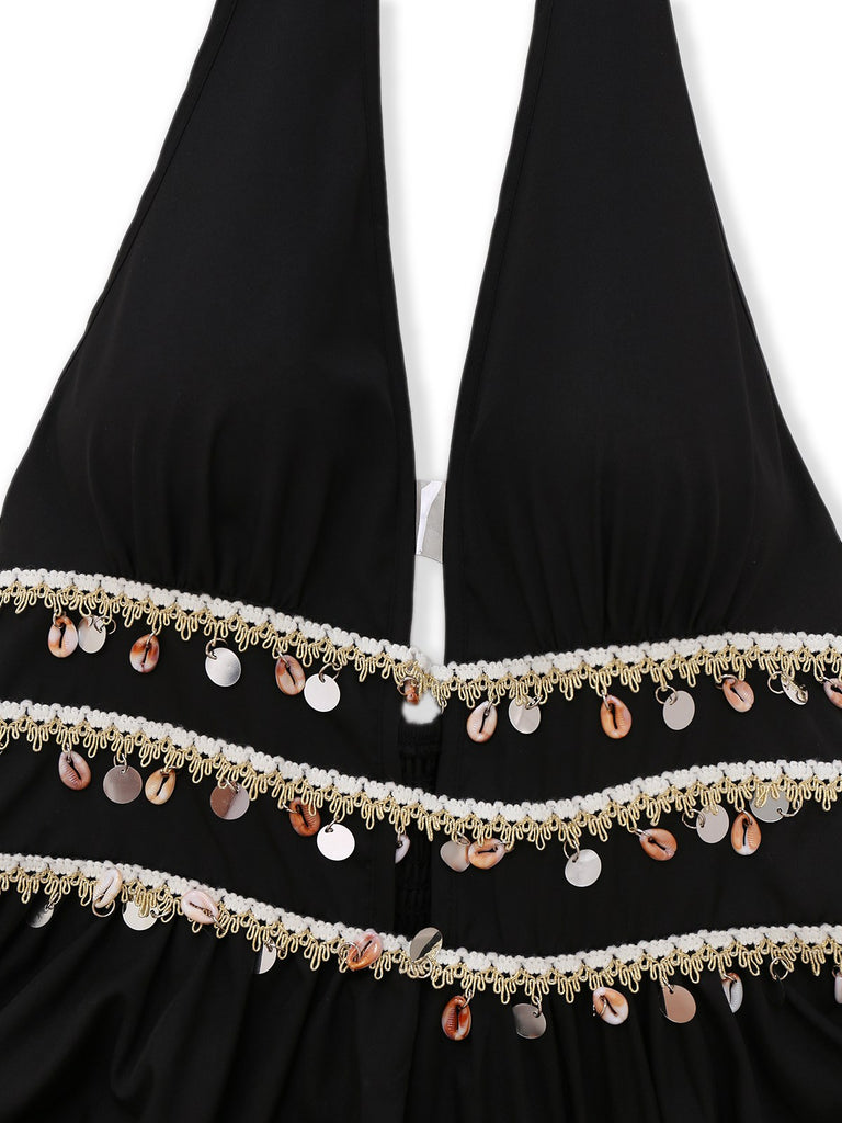 Black 1970s Bohemian Shell Fringe Smocked Dress - vintage dress, retro fashion, classic black