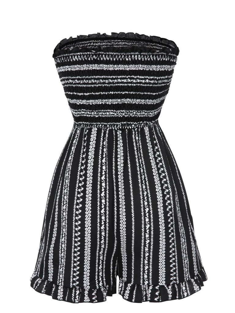 Black 1970s Boho Striped Strapless Romper: timeless 1970s elegance she makes her own