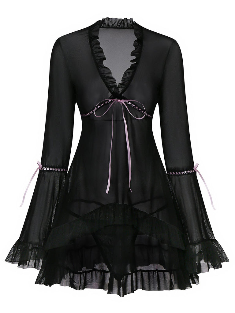 Black 1970s Bowknot Ruffled Sheer Nightdress - vintage dress, retro fashion, classic black