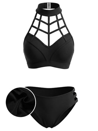 Black-1970s-Caged-Halter-Gothic-Cutout-Bikini-Set, vintage, retro, swimwear