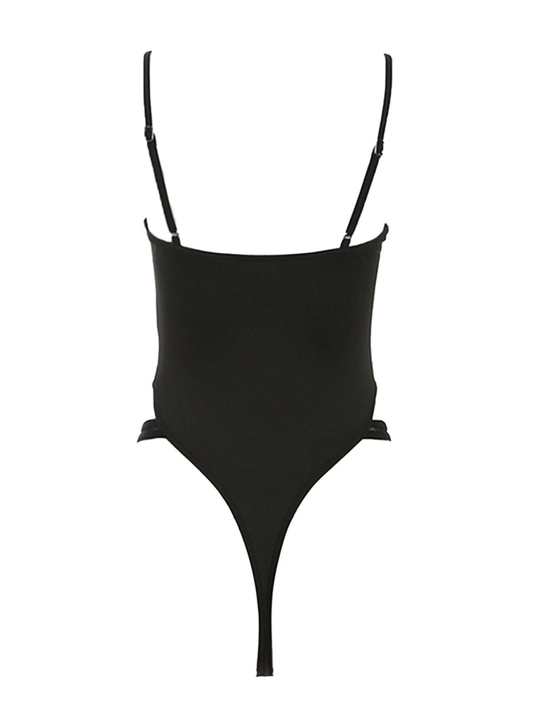 Black 1970s Cutout Bodycon Strap Bodysuit - vintage fashion, retro style, classic black