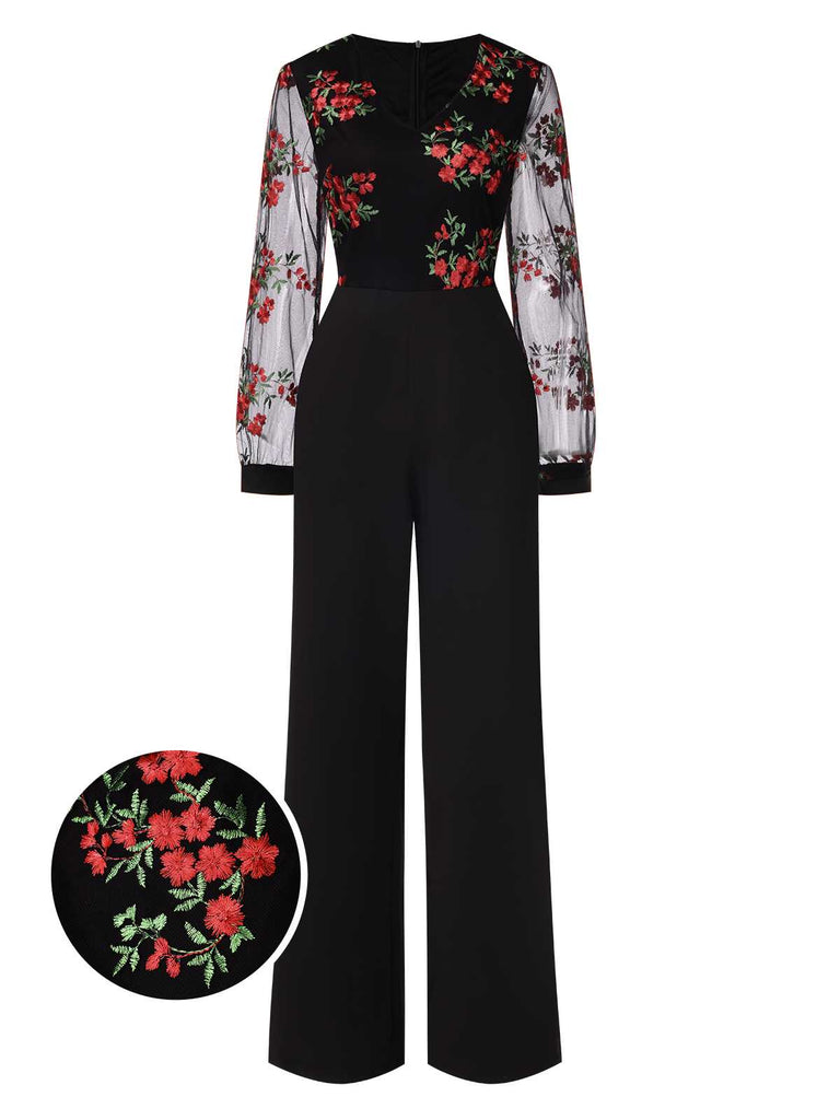 She finds her 1970s story in this Black 1970s Embroidered Floral Jumpsuit
