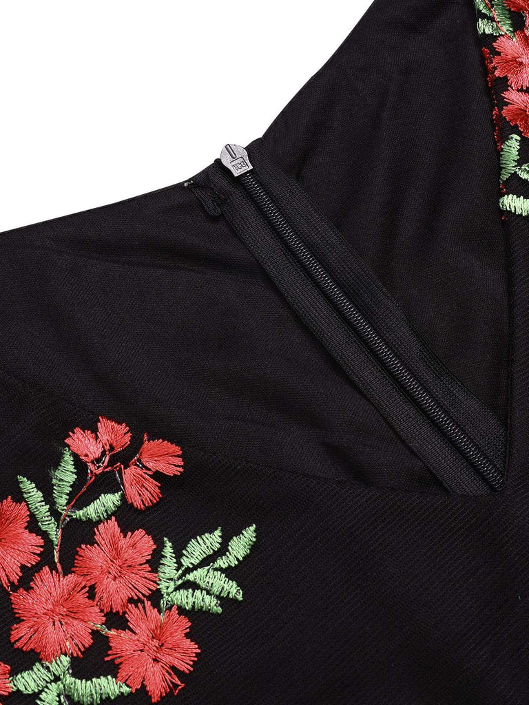 Black 1970s Embroidered Floral Jumpsuit — 1970s vintage charm for her modern wardrobe