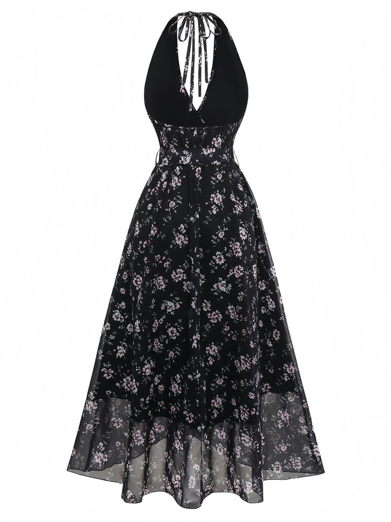 Black 1940s Floral Halter Vintage Dress 2