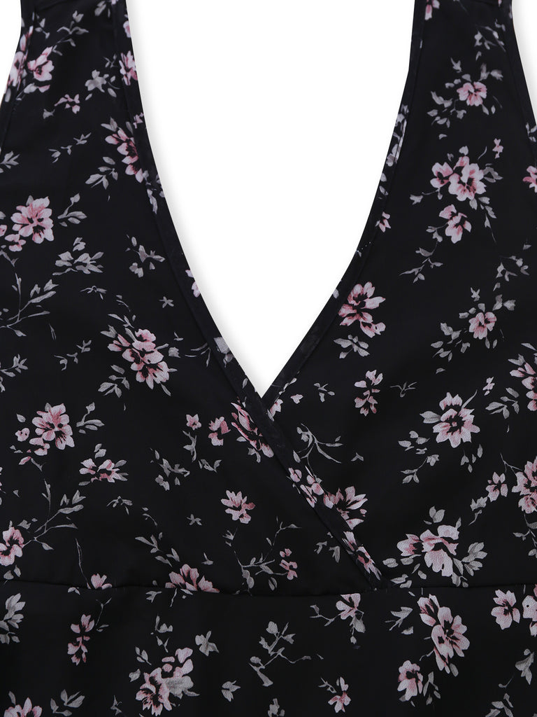 Black 1940s Floral Halter Vintage Dress 4