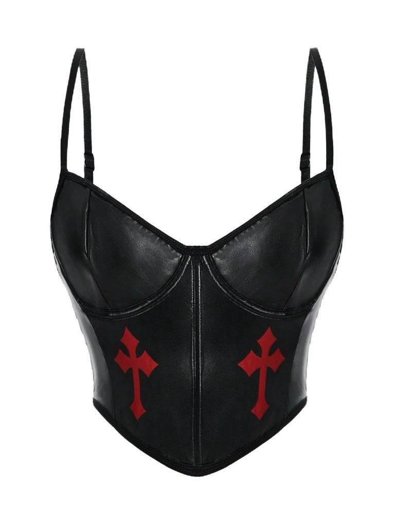 Black 1970s Gothic Cross Faux Leather Cami Top - vintage fashion, retro style, classic black