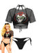 Black 1970s Gothic Skull Rose Mesh Tie Bikini Set & Cover-Up - vintage swimsuit, pin-up swimwear for vintage lovers