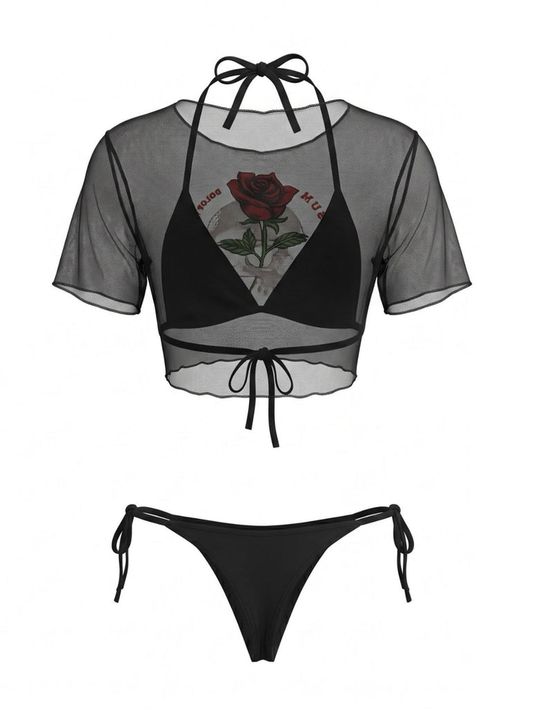 Black 1970s Gothic Skull Rose Mesh Tie Bikini Set & Cover-Up - vintage swimsuit, pin-up swimwear for vintage lovers
