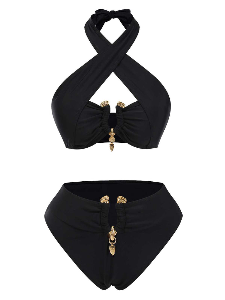 She's wearing Black 1970s Halter Cross-Neck High-Waist Swimsuit and the whole beach remembers the 1970s