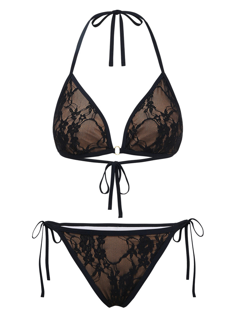 Black 1970s Halter Floral Lace Bikini Set: beautiful vintage swimwear, retro swimsuit, pin-up style with timeless appeal