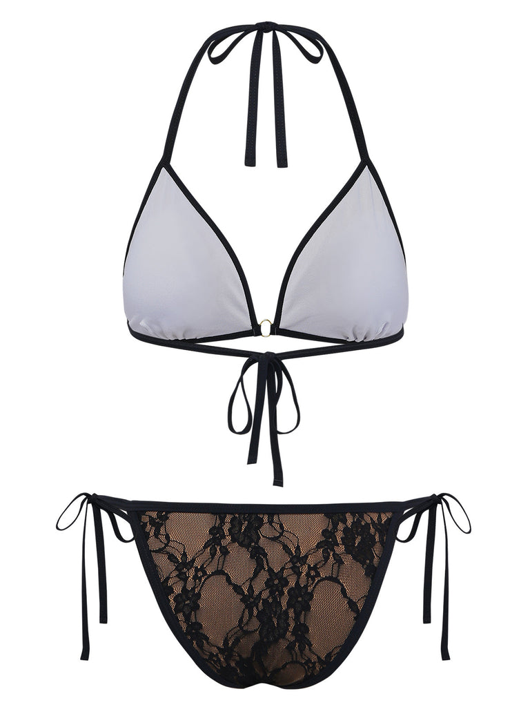 Black 1970s Halter Floral Lace Bikini Set | vintage swimwear, retro swimsuit, pin-up style - perfect for retro fashion enthusiasts