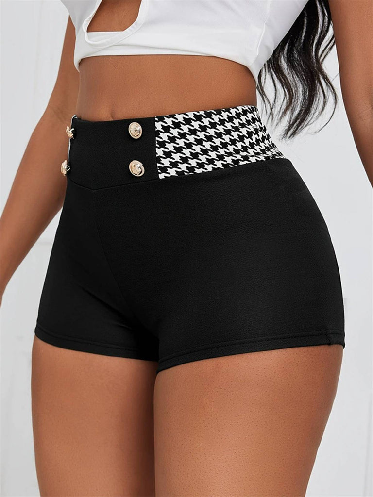 Black 1970s Houndstooth Patchwork Tight Shorts: timeless 1970s elegance she makes her own