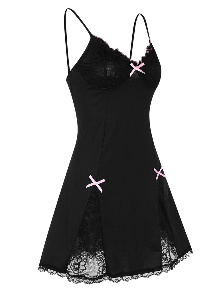Black 1970s Lace Patchwork Straps Nightgown, vintage fashion, retro style - perfect for women who love vintage and retro fashion